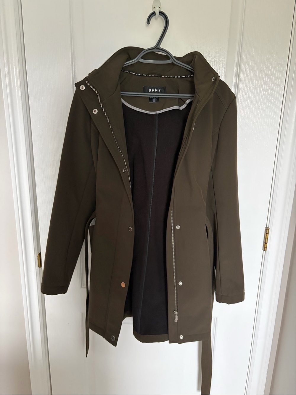 DKNY Olive Green Hooded Trench Coat with Belt